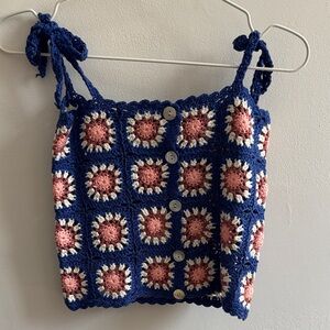 FRNCH Crochet Granny Squares Button-Front Camisole in Blue and Pink
